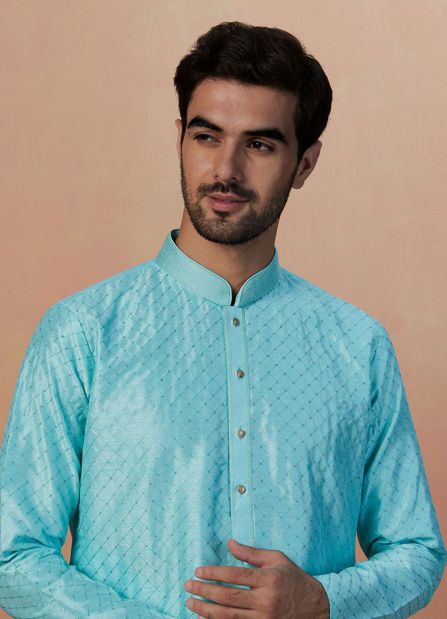 alt message - Manyavar Men Sea Green Embroidered Kurta Set image number 0